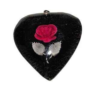 Vintage Heart Shaped Pressed Red Rose White Leaves Resin Pendant Jewelry Women